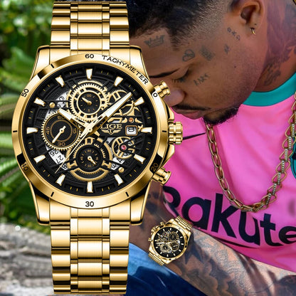 Quartz Watch Men Gold Black Mens Watches Top Brand Luxury Chronograph Sports Watches Luminous Waterproof Relogio Masculino