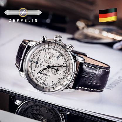 New Zeppelin Watch Fashion Three Eyes Running Second Multifunctional Chronograph Top Leather Business Quartz Watch