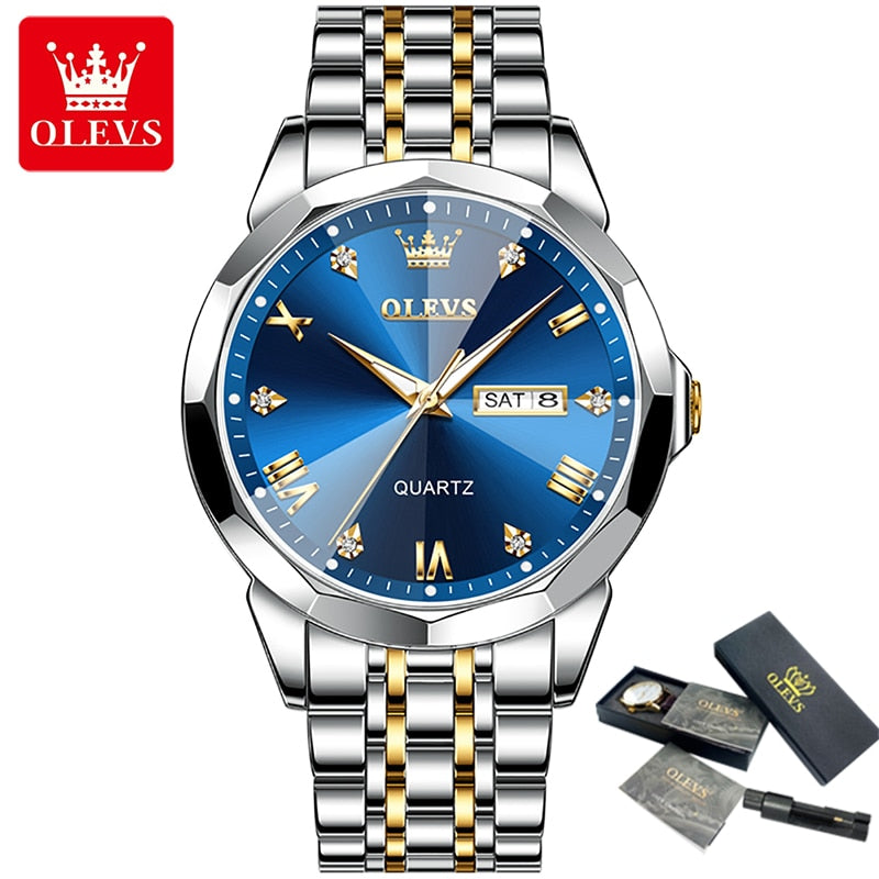 OLEVS 9931 New Business Quartz Watch for Men Dual Calendar Luxury Diamond Dial Waterproof Stainless Steel Strap Men Wristwatch