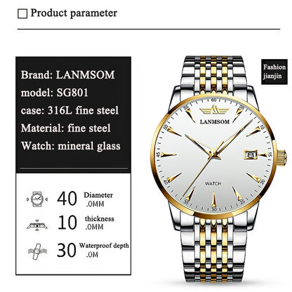 Casual Sport Chronograph Men Watches Stainless Steel Band Wristwatch Big Dial Quartz Clock with Luminous Pointers
