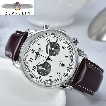 New Zeppelin Watch Fashion Three Eyes Running Second Multifunctional Chronograph Top Leather Business Quartz Watch