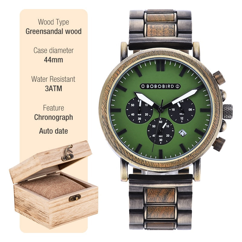 New Wooden Watch Men Stylish Wood Timepieces Chronograph Military Quartz Watches in Wood Gift Box
