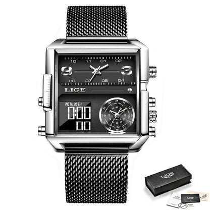 Original Men Sports Wrist Watch Gold Quartz Steel Waterproof Dual Display Clock Watche Relogio Masculino For Men Black M
