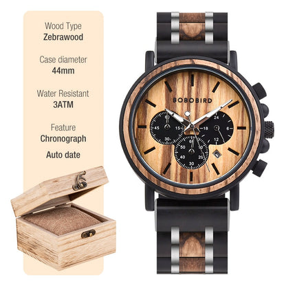 New Wooden Watch Men Stylish Wood Timepieces Chronograph Military Quartz Watches in Wood Gift Box