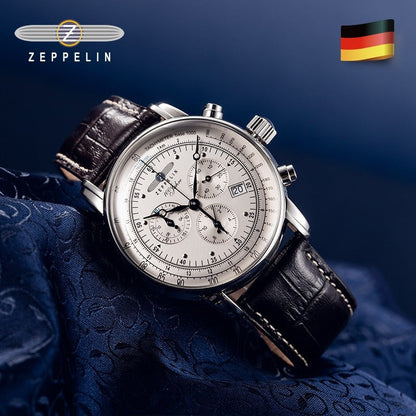 New Zeppelin Watch Fashion Three Eyes Running Second Multifunctional Chronograph Top Leather Business Quartz Watch