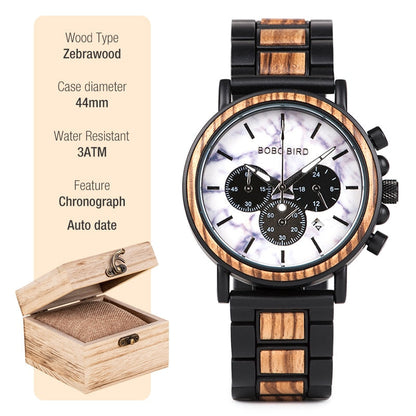 New Wooden Watch Men Stylish Wood Timepieces Chronograph Military Quartz Watches in Wood Gift Box P09-4
