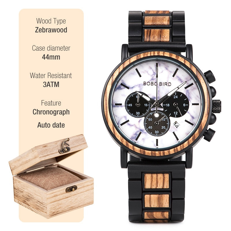 New Wooden Watch Men Stylish Wood Timepieces Chronograph Military Quartz Watches in Wood Gift Box