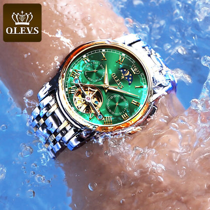 New Men OLEVS Mechanical Dress Watch Top Brand Men Watch Automatic  Dress Luxury Moon Light Phase Tour Billon Wristwatch Gifts for Male