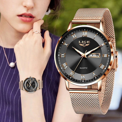 Women Watch Bracelet Quartz Clock Movement Simple Waterproof Rose Gold Stainless Steel Mesh Ladies Watches