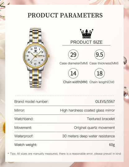 Luxury Quartz Watch for Women Elegant Stainless Steel Watch Luminous Waterproof Wristwatch Ladies Dress Watch