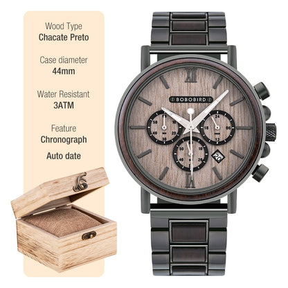 New Wooden Watch Men Stylish Wood Timepieces Chronograph Military Quartz Watches in Wood Gift Box T50-2