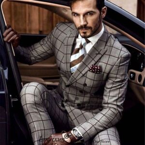 New Formal Grey Plaid Men Suits Double Breasted Wedding Groom Tuxedo Business Best Man Prom Blazer 2 Pieces Sets Terno Masculino