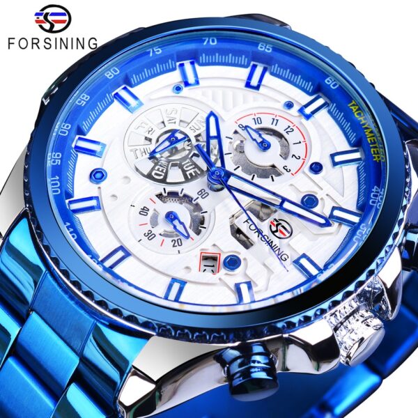 New Men Forsining Three Dial Calendar Watch Stainless Steel Men Mechanical Automatic Wrist Watches Top Brand Luxury Military Sport Male Clock - Image 8