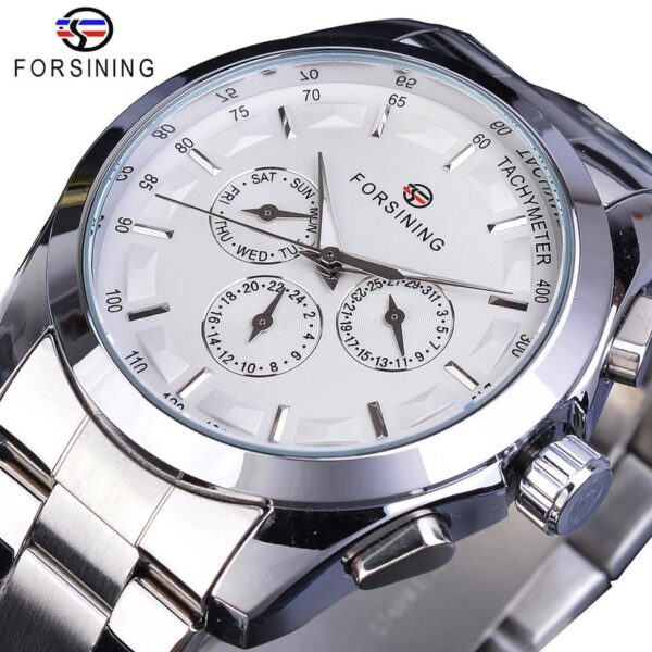 New Men Forsining Black Mechanical Watch 3 Dial Calendar Automatic Self Wind Clock Business Sport Stainless Steel Belts Wristwatch - Image 3