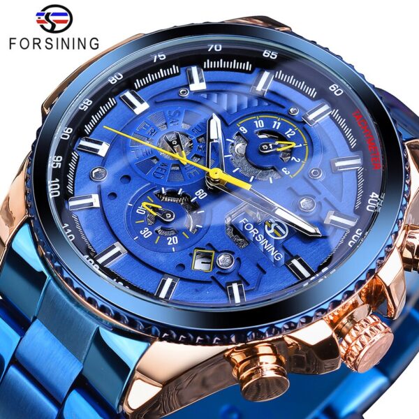 Forsining Three Dial Calendar Stainless Steel Men Mechanical Automatic Wrist Watches Brand Luxury Military Sport Male Clock - Image 4