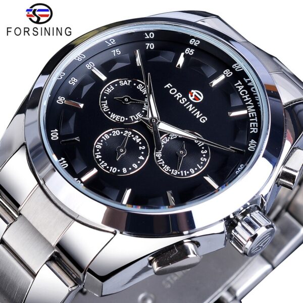 New Men Forsining Black Mechanical Watch 3 Dial Calendar Automatic Self Wind Clock Business Sport Stainless Steel Belts Wristwatch - Image 2