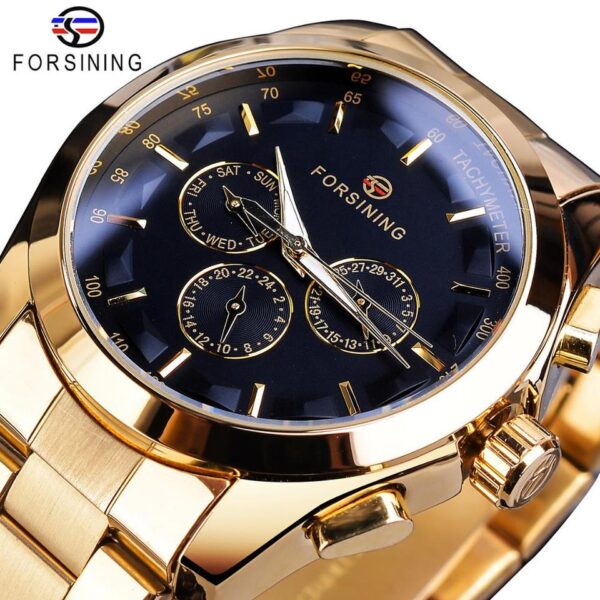 New Men Forsining Black Mechanical Watch 3 Dial Calendar Automatic Self Wind Clock Business Sport Stainless Steel Belts Wristwatch - Image 8