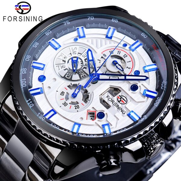 Forsining Three Dial Calendar Stainless Steel Men Mechanical Automatic Wrist Watches Brand Luxury Military Sport Male Clock - Image 11