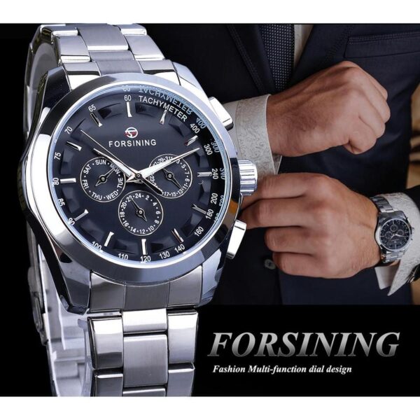 New Men Forsining Black Mechanical Watch 3 Dial Calendar Automatic Self Wind Clock Business Sport Stainless Steel Belts Wristwatch - Image 6