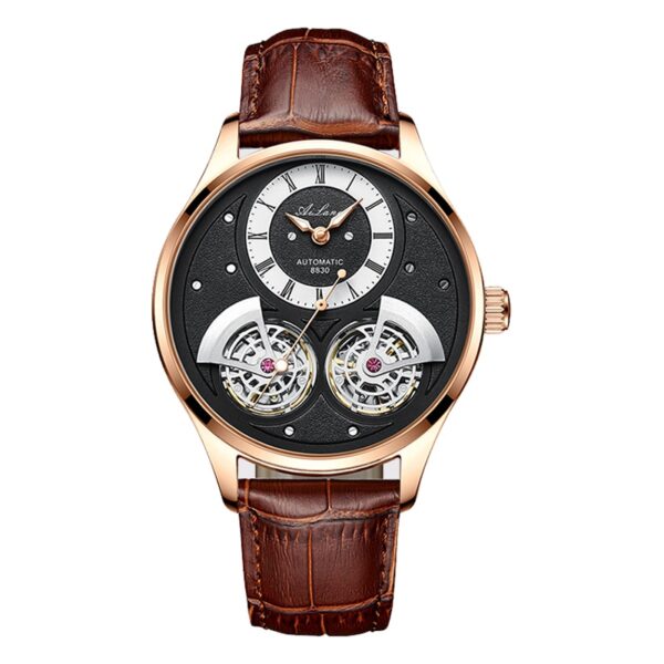 Double Pendulum Hollow Tourbillon Men Automatic Mechanical Watch Deep Waterproof Leather Watch