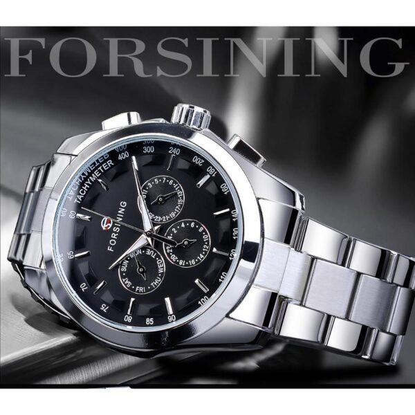 New Men Forsining Black Mechanical Watch 3 Dial Calendar Automatic Self Wind Clock Business Sport Stainless Steel Belts Wristwatch - Image 5