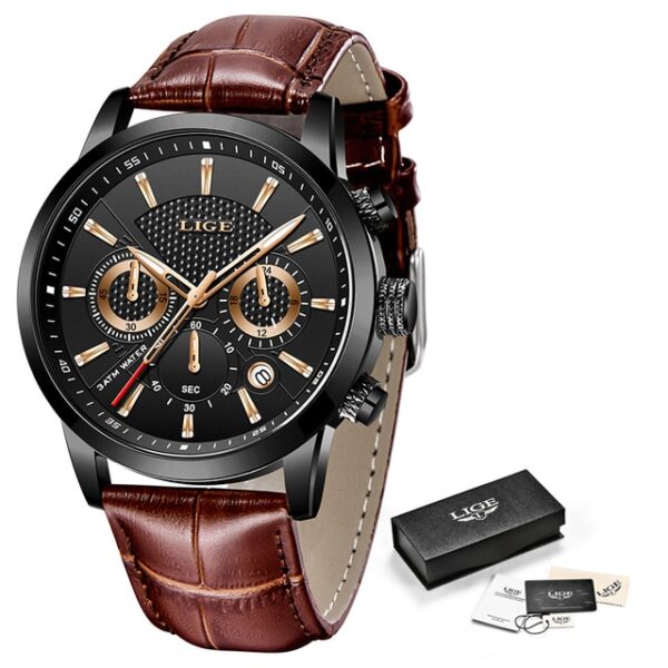 New Mens Watches LIGE Top Brand Leather Chronograph Waterproof Sport Automatic Date Quartz Watch For Men Relogio Masculino - Image 2