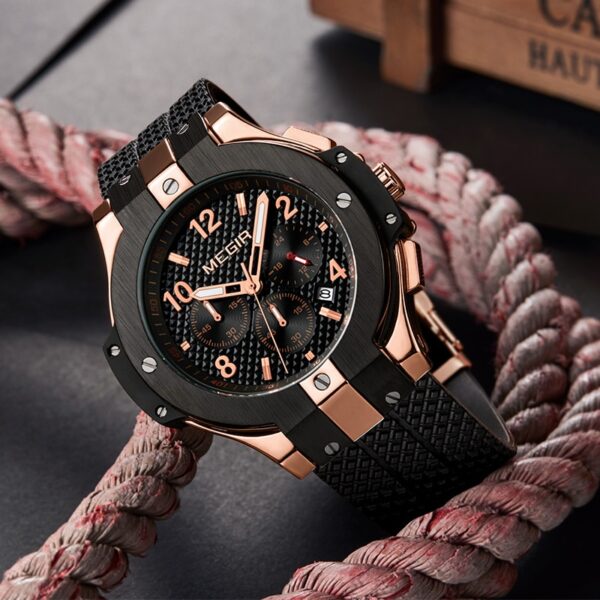 Men Watch Quartz Watch Gold Rubber Band 3ATM Water Resistant Chronograph Wrist Watch - Image 4