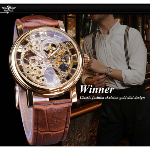 New Men Winner Transparent Golden Watch Luxury Casual Design Brown Leather Strap Mens Watches Top Brand Luxury Mechanical Skeleton Watch - Image 13