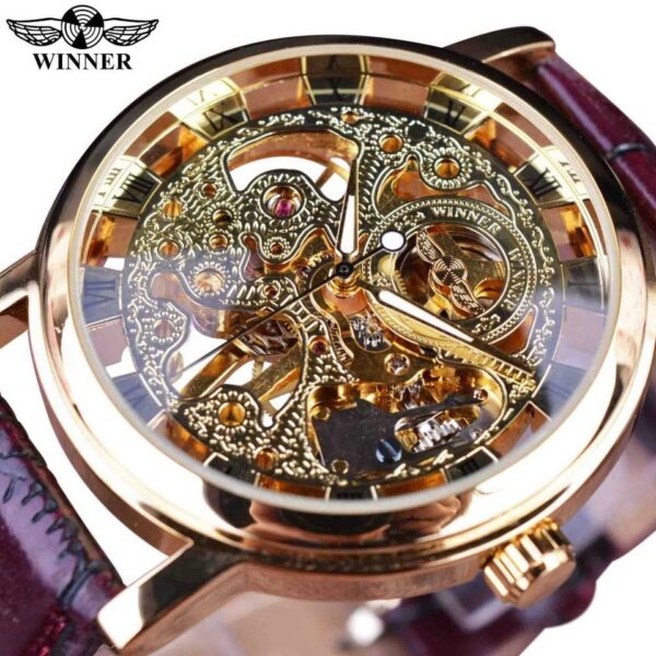 New Men Winner Transparent Golden Watch Luxury Casual Design Brown Leather Strap Mens Watches Top Brand Luxury Mechanical Skeleton Watch - Image 11