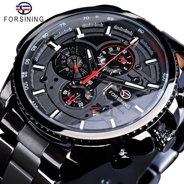 Forsining Three Dial Calendar Stainless Steel Men Mechanical Automatic Wrist Watches Brand Luxury Military Sport Male Clock - Image 5