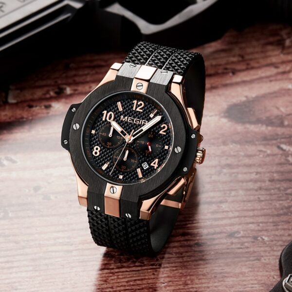 Men Watch Quartz Watch Gold Rubber Band 3ATM Water Resistant Chronograph Wrist Watch - Image 6