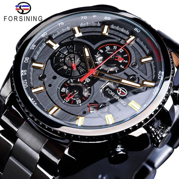 Forsining Three Dial Calendar Stainless Steel Men Mechanical Automatic Wrist Watches Brand Luxury Military Sport Male Clock - Image 12