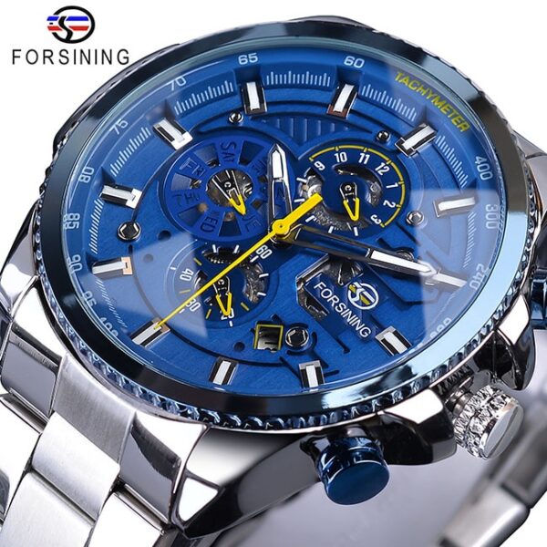 Forsining Three Dial Calendar Stainless Steel Men Mechanical Automatic Wrist Watches Brand Luxury Military Sport Male Clock - Image 2