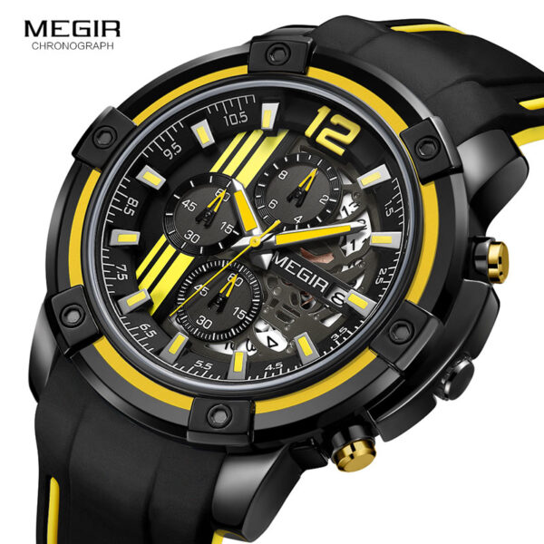 Men Sports Quartz Watch Yellow Chronograph with Black Silicone Strap Luminous Hands Waterproof 3 ATM Code 2097 - Image 6