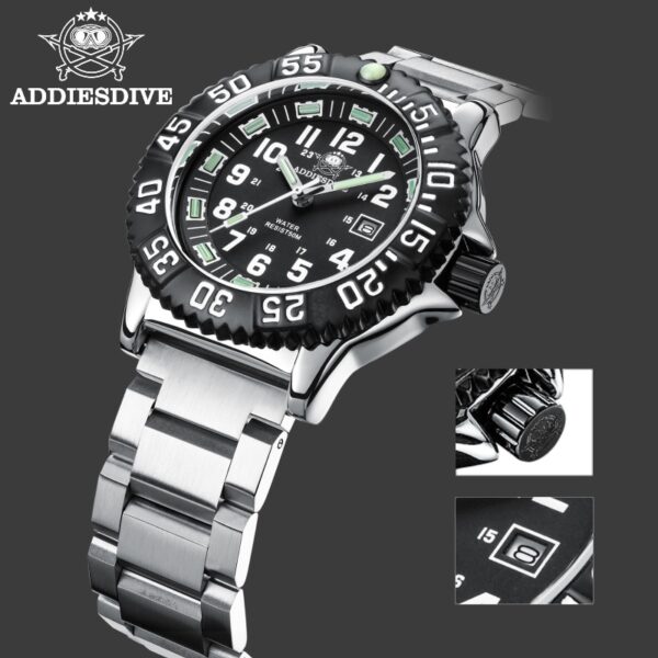 Addies Dive New Men Watch 316L Stainless Steel Strap Black Dial 50m Waterproof Watch Luminous Hand 51mm Alloy Case Sports Watch - Image 7