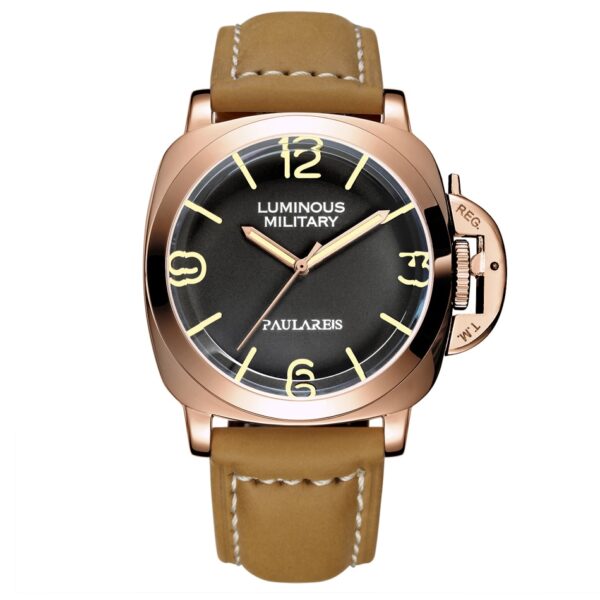 New Men Self Wind Mechanical Watch Automatic Genuine Brown Leather Strap Yellow Green Luminous 44mm Luxury Rose Gold Military Men Watch - Image 9