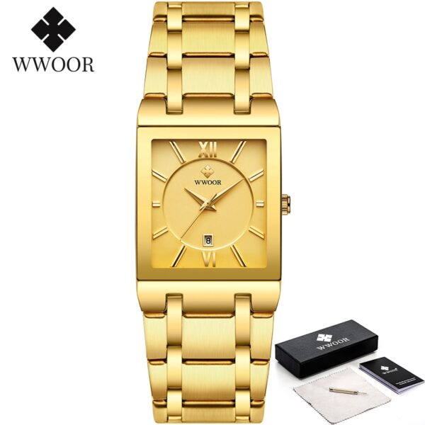 Relogio Masculino WWOOR Gold Watch Men Square Mens Watches Top Brand Luxury Golden Quartz Stainless Steel Waterproof Wrist Watch - Image 4