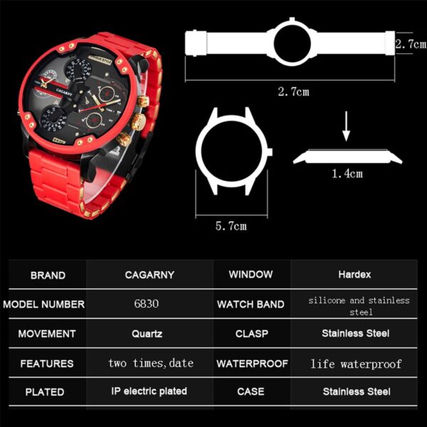 Gold Watch Men Luxury Brand Famous Dual Time Military Relogio Masculino 57mm 3D Large Case Quartz Mens Watches Red Male Clock - Image 9