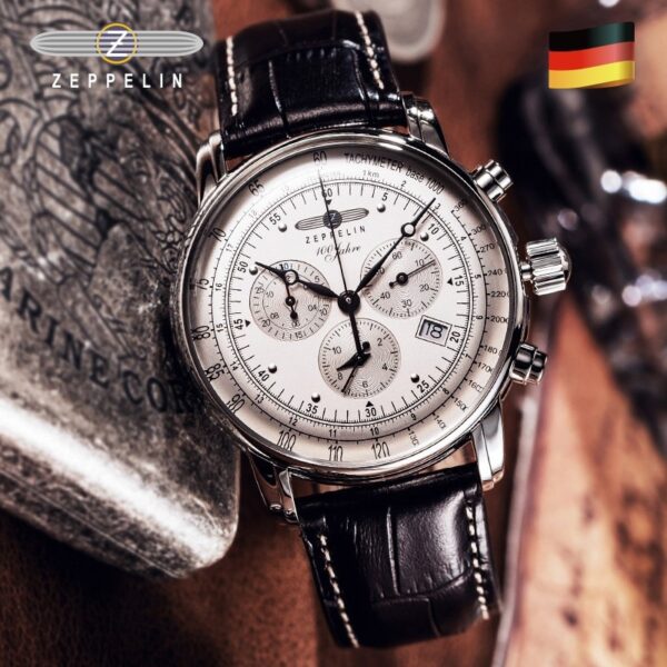 New Zeppelin Watch Fashion Three Eyes Running Second Multifunctional Chronograph Top Leather Business Quartz Watch - Image 3