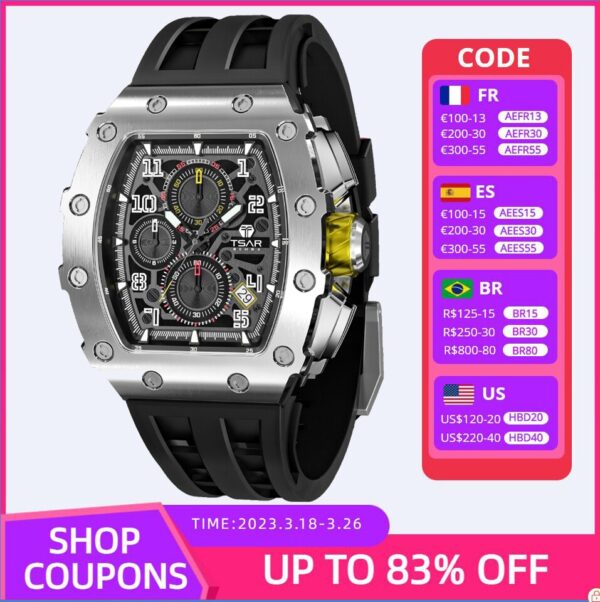 Men Luxury Brand Tonneau Design Waterproof Clock Stainless Steel Wristwatch Sport Chronograph Square Mens Watch - Image 2