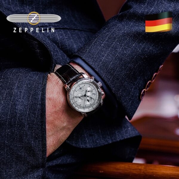 New Zeppelin Watch Fashion Three Eyes Running Second Multifunctional Chronograph Top Leather Business Quartz Watch - Image 2