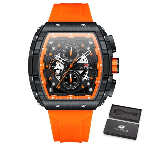 Chronograph Quartz Watch for Men Tonneau Dial Military Sport Wristwatch with Orange Silicone Strap Auto Date - Image 8