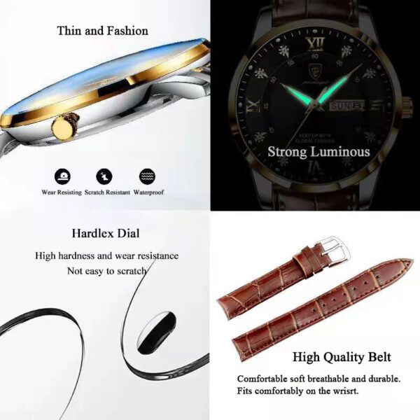 Men Watch Fashion High Quality Leather Watches Waterproof Luminous Week Date Top Brand Luxury Quartz Man Wristwatch - Image 3