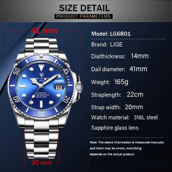 LIGE Men Watch 316L Steel Automatic Mechanical Tourbillon Clock Fashion 100M Waterproof Luminous Watches Automatic Movement - Image 2