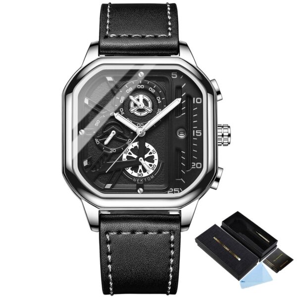 Square Chronograph Casual Fashion Sports Wrist Watch For Men Leather Clock Luxury Business Wristwatch Waterproof Date Watch - Image 12