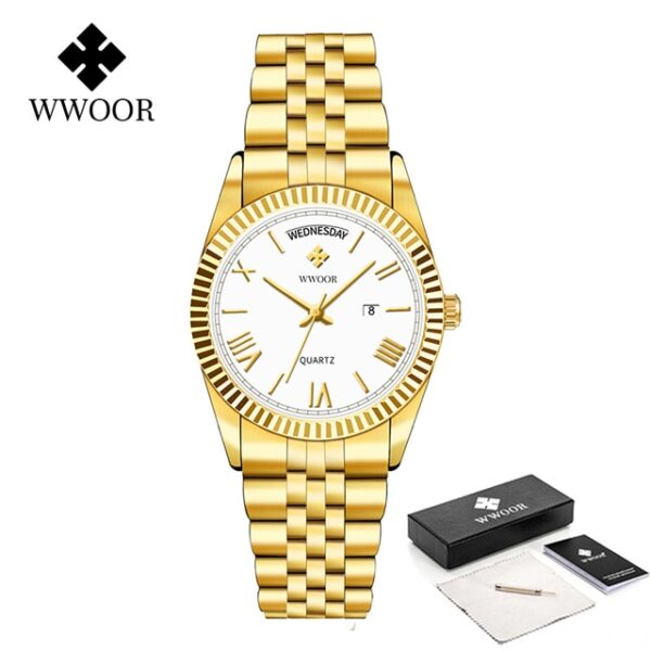 New Gold Watches Mens Luxury Stainless Steel With Calendar Warter proof Male Clock Week Quartz Wristwatch Relogio Masculino - Image 3