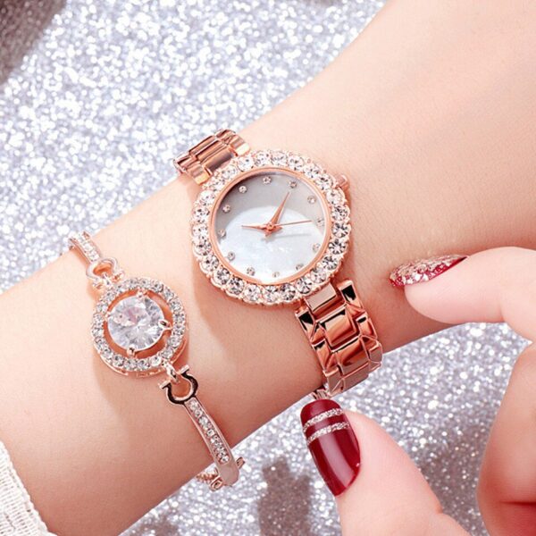 New Ladies Diamond Inlaid Steel Quartz Watch Bracelet Set Gift Box Set - Image 6