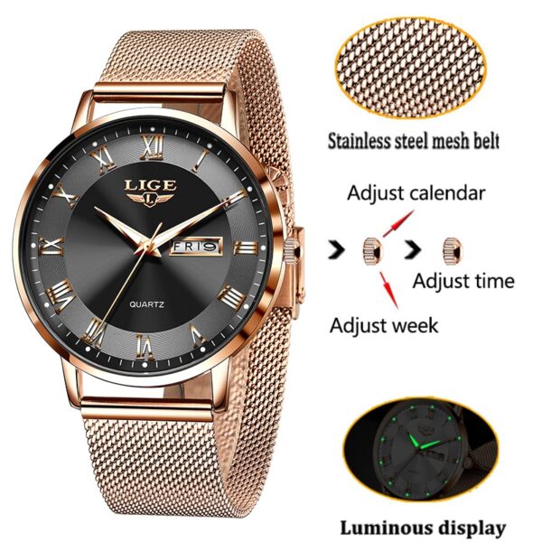 Women Watch Bracelet Quartz Clock Movement Simple Waterproof Rose Gold Stainless Steel Mesh Ladies Watches - Image 4