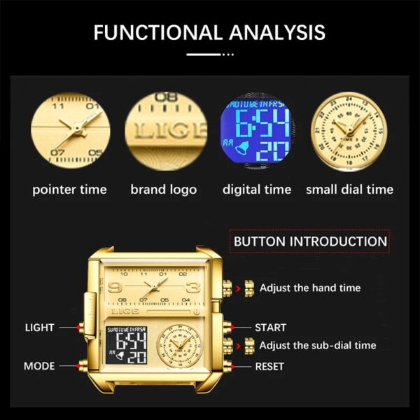 Original Men Sports Wrist Watch Gold Quartz Steel Waterproof Dual Display Clock Watche Relogio Masculino For Men - Image 9