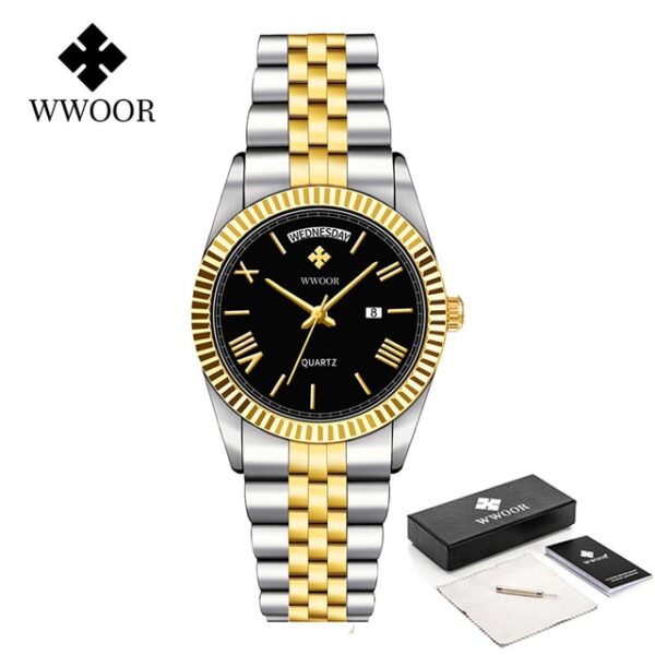 New Gold Watches Mens Luxury Stainless Steel With Calendar Warter proof Male Clock Week Quartz Wristwatch Relogio Masculino - Image 2